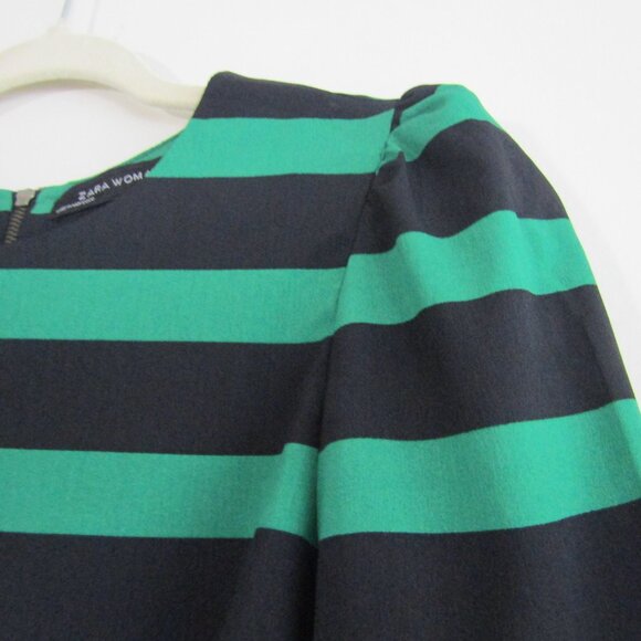 Zara Striped Top Small Green Navy Blue Business Casual Office Preppy - Picture 4 of 10